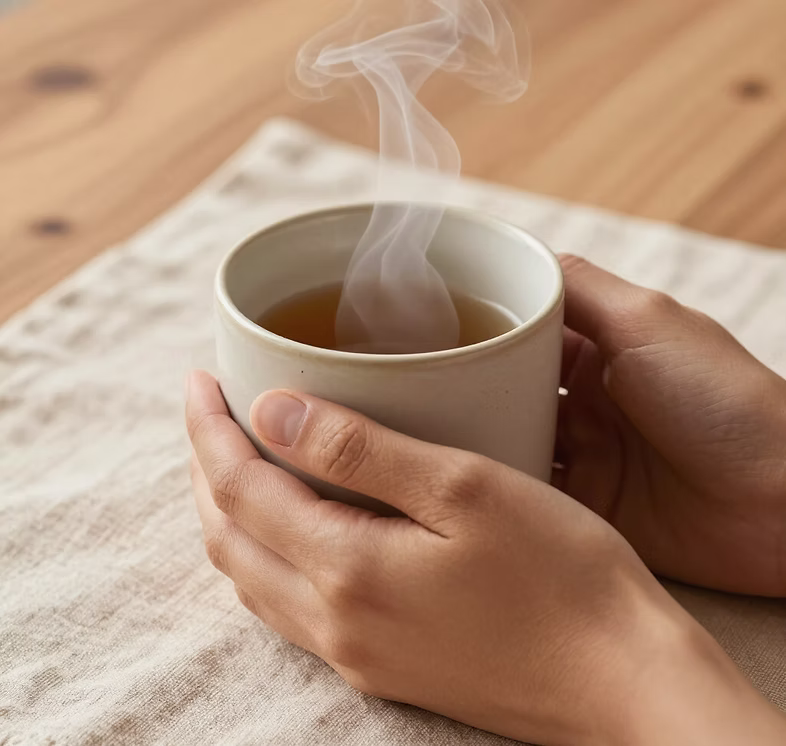 Hands holding a warm cup of tea
